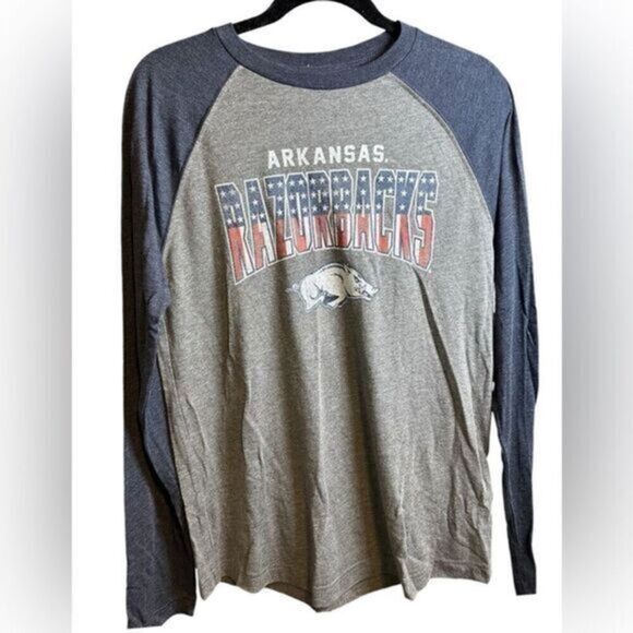 NWOT Unisex Univ of Arkansas Razorbacks Blue Gray Baseball Tee Shirt - Size M - Picture 2 of 4